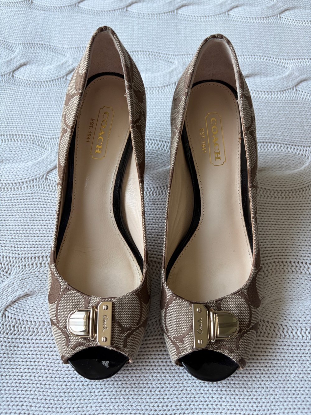 Coach Signature Jacquard Peep-Toe Wedges with Turnlock Detail - Size 5
